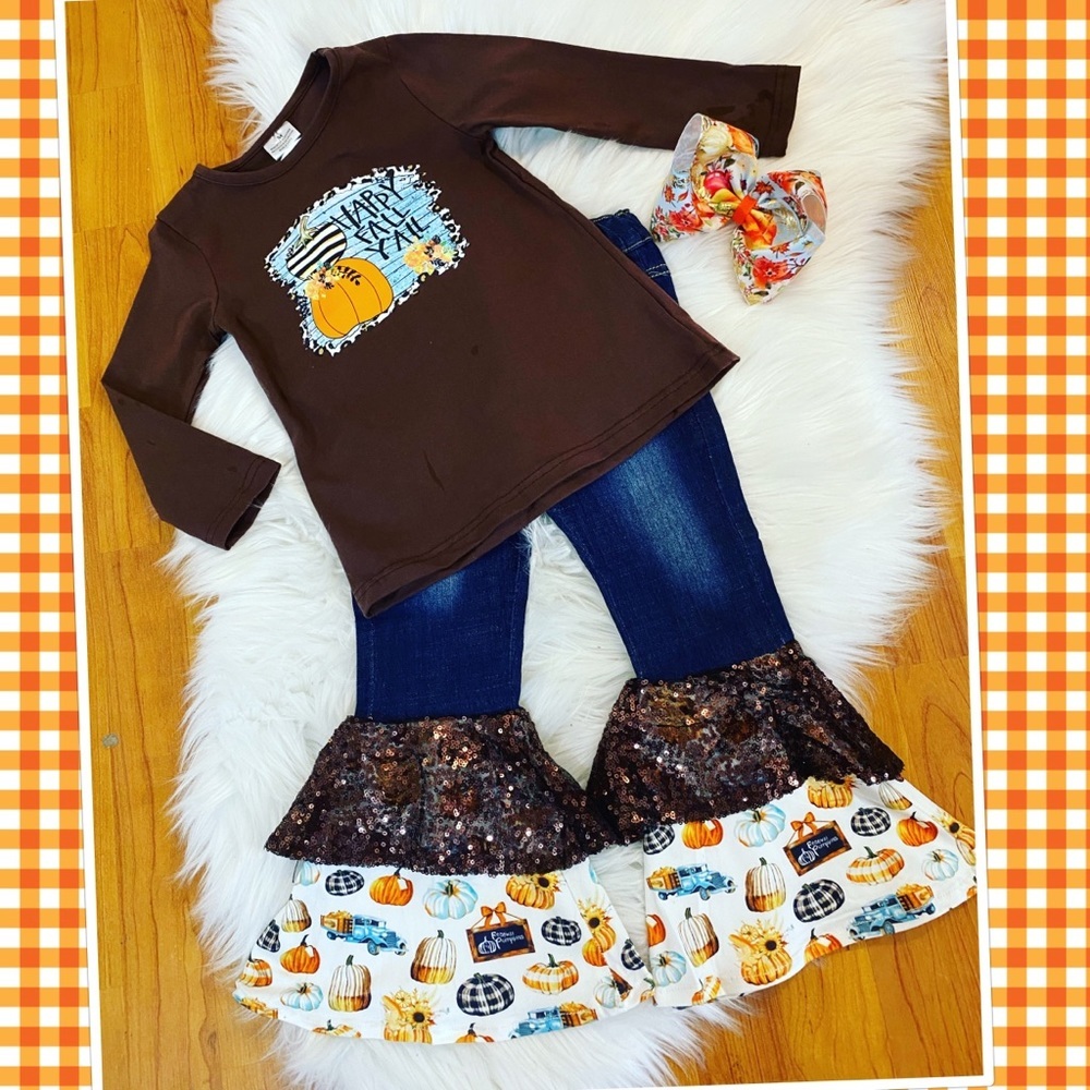 Brown 2pc Fall Denim Sequin Bell Bottom Outfit - Picture 1 of 2